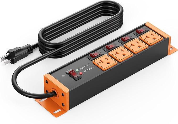 CCCEI Heavy Duty Surge Protector Power Strip 20 Amp Individual Switches. 25FT 12 Gauge Extension Cord with Multiple Outlets. Kitchen, Garage, Shop, Industrial Wall Mount Electric Extender, Orange.