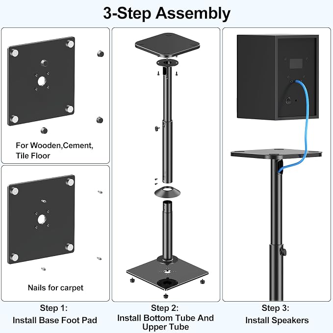 MOUNTUP Universal Speaker Stands Pair, 28.3" to 37.4" Height Adjustable Floor Speaker Stands, Holds Bookshelf & Large Satellite Studio Speakers, Cable Concealing, 22LBS Capacity, 9.8" Plate, Black