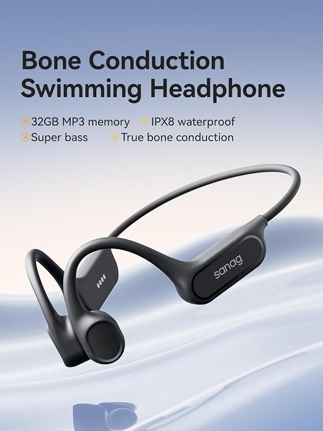 Sanag B33S Bone Conduction Headphones Bluetooth 6.0, IPX8 Waterproof SwimmingHeadphones with 32GB MP3 Player, 8H Playtime OpenEarEarbuds with Mic,Noise Reduction Call for Running Cycling Sport, Black