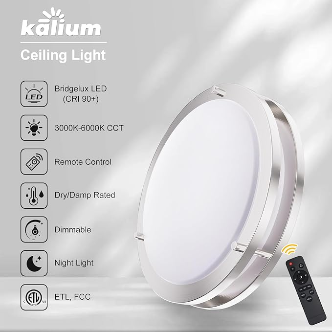 Kalium LED Ceiling Light with Remote 12 Inch Flush Mount Ceiling Light Fixture, 18W 3000K-6000K Adjustable Color Temperature, Dimmable Lighting Fixtures for Kitchen Bedroom Hardwired Installation