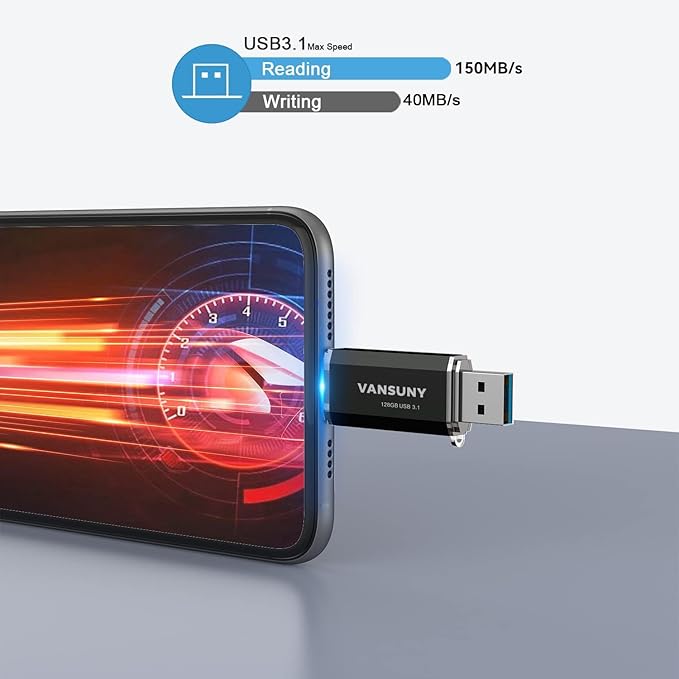 Vansuny 128GB Type C Flash Drive Upgraded 150MB/s USB 3.1 Flash Drive 2 in 1 OTG USB A + Tape C Memory Stick with Keychain Dual Type C USB Thumb Drive for Android Smartphones, Tablets, MacBook, PC