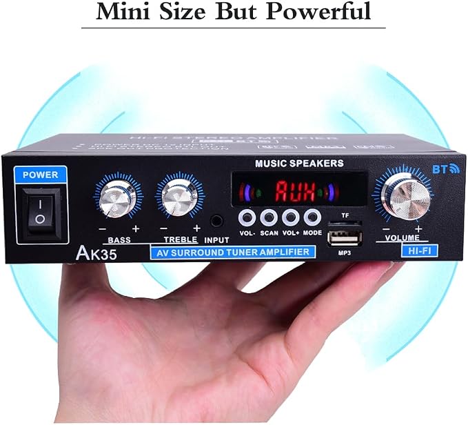 AK35 Stereo Amplifier Home Audio Bluetooth 5.0 Max 200W 2.0 Channel Mini Amplifier Stereo Receivers for Car, Home Party, Audio Amplifier AMP w/USB/TF Card/AUX Input/Bass & Treble Control