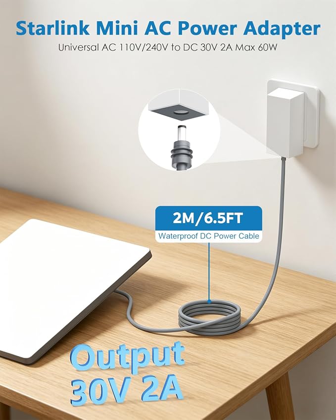 Starlink Mini 12V Power Supply Adapter 30V 2A 60W Wall Charger 2M Cable | 2M Waterproof DC Power Cable, 30V Stable Output, Zero Voltage Drop, No need to restart, 110V-240V Universal Fast Charging
