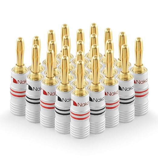 Nakamichi Excel Series 24k Gold Plated Banana Plugs 12-18 AWG Gauge Size 4mm for Speakers Amplifier Hi-Fi Receiver Stereo Home Theatre Radio Audio Wire Cable Connector Set Screw Type 24 Pcs (12-Pairs)