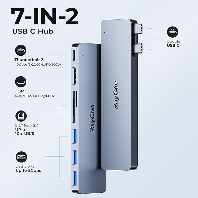 RayCue USB C to HDMI Adapter for MacBook Pro/Air M1/M2/M3 2023-2021, Multiport Dongle with 4K HDMI, Thunderbolt 3, 3 USB A 3.0 Data Ports, SD/TF Card Reader