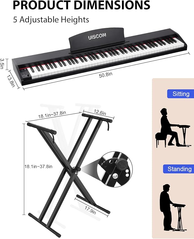 UISCOM 88 Key Digital Piano Keyboard for Beginners - Full Size Semi Weighted Wooden Electric Piano Set with Stand, Triple Pedal, Headphone,Carry Bag - Supports USB-MIDI Connecting (Wood Grain Black)