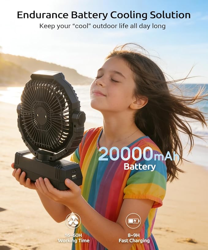 KopBeau Portable Camping Fan with Lights, 20000mAh Rechargeable Battery Operated Fan, Battery Powered Outdoor Beach Tent with 4 Speeds & Hook, Personal USB Table for Camping Accessories