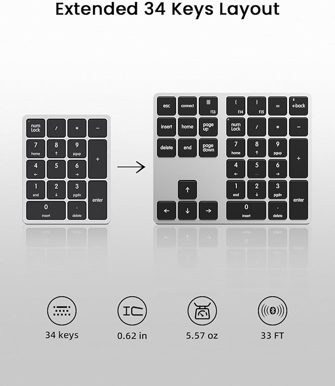 Kisnt KN300BT Bluetooth Number Pad for Laptop, 34- Key Wireless Rechargeable Numeric Keypad Portable External Numpad for MacBook, Tablets, Mac, iOS, Android, Windows PC