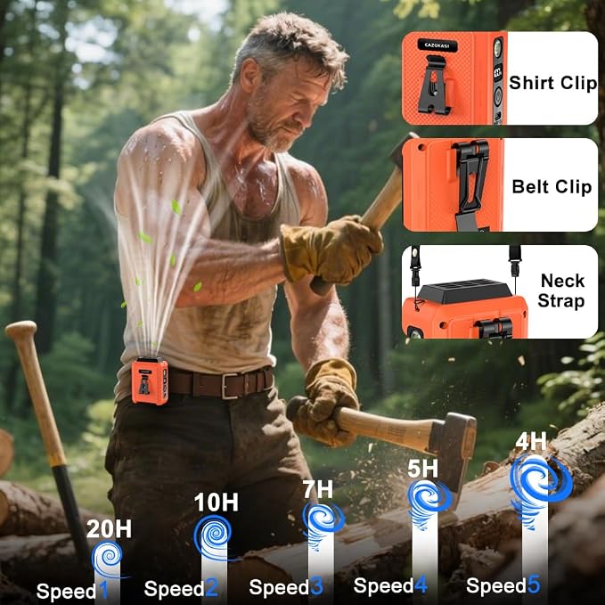 CAZOKASI Wearable Waist Clip Fan with Lighting Desktop Stand 16000rpm Runtime upto 20 hours (5000mAh / Orange)