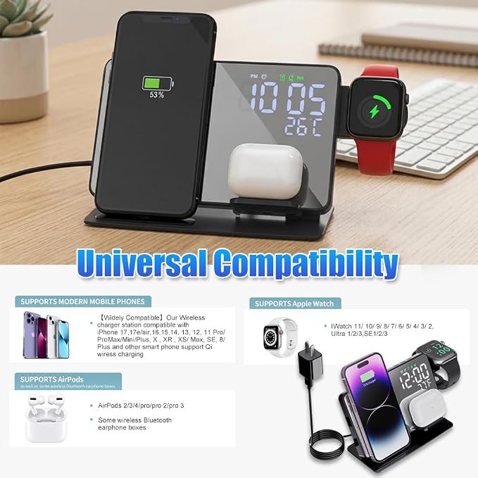 4-in-1 Wireless Charging Station for Apple Devices, 18W Fast Charge Wireless Charger Alarm Clock and Temperature Display, Wireless Charger Stand for iPhone 17 16 15 14 13 12, Apple Watch