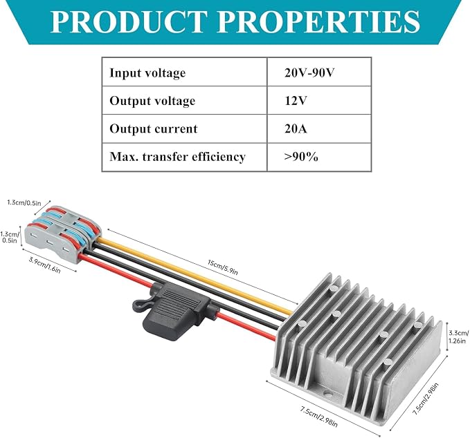 20-90V to 12V 20A 240W Waterproof DC-DC Buck Converter with Fuse | Step Down Converter for Automotive, Led Lights, Construction Sites, Tools