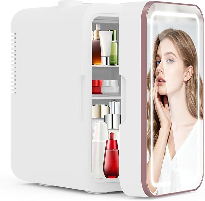 YLFU Skincare Fridge, 6L Small Mini Fridge for Bedroom with 3-Level LED Mirror for Makeup Cosmetics, Cooler & Warmer Personal Refrigerator for Drink Office Dorm and Food