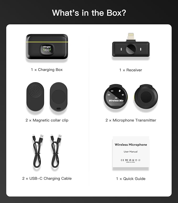 Hingso Wireless Lavalier Microphone for iPhone, Android, 48khz, 50Hrs Battery, Noise Cancellation, Magnetic Clip iPhone Microphone for Video Recording, Streaming, Vlogging