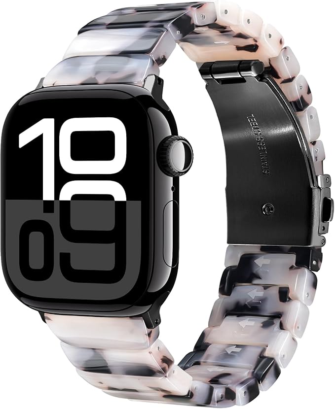 V-MORO Resin Band Compatible with Apple Watch Series 7/8/9/10/11 46mm/45mm/44mm/42mm Men Fashion Strap for iWatch Series 6/5/4/3/2/1/SE/SE 2 Lightweight Bracelet Wristband (Classic Ivory Tortoise-Black)