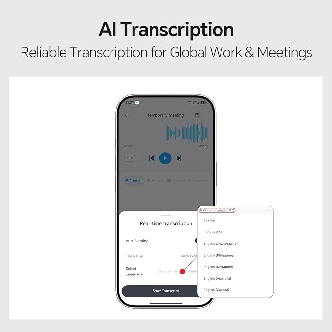 AI Voice Recorder, NoteCard Voice Recorder with case, App Control, Real Time Transcribe & Summarize with AI Technology, Multi-Language, Long Battery Life Meetings/Class/Lectures (Silver)