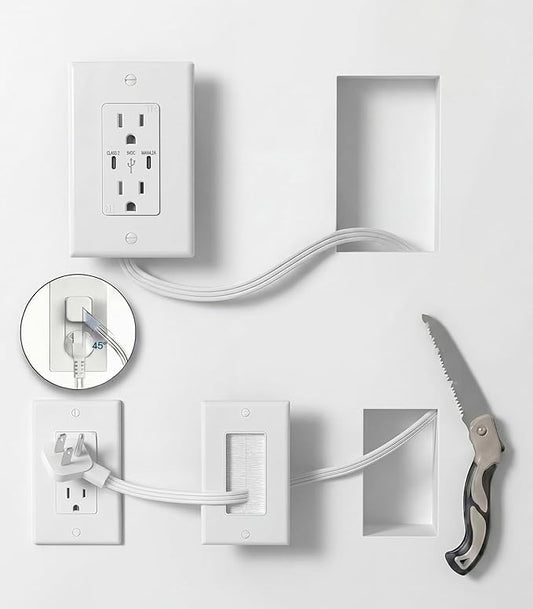 in-Wall Cable Management Kit with Recessed Outlet Box, Dual Outlet Extender with 4.2A Type C/C USB Ports, 9.8ft Extension Cord, Easy Install w/Drywall Saw, UL Listed, TR Safe Outlet Relocation Kit