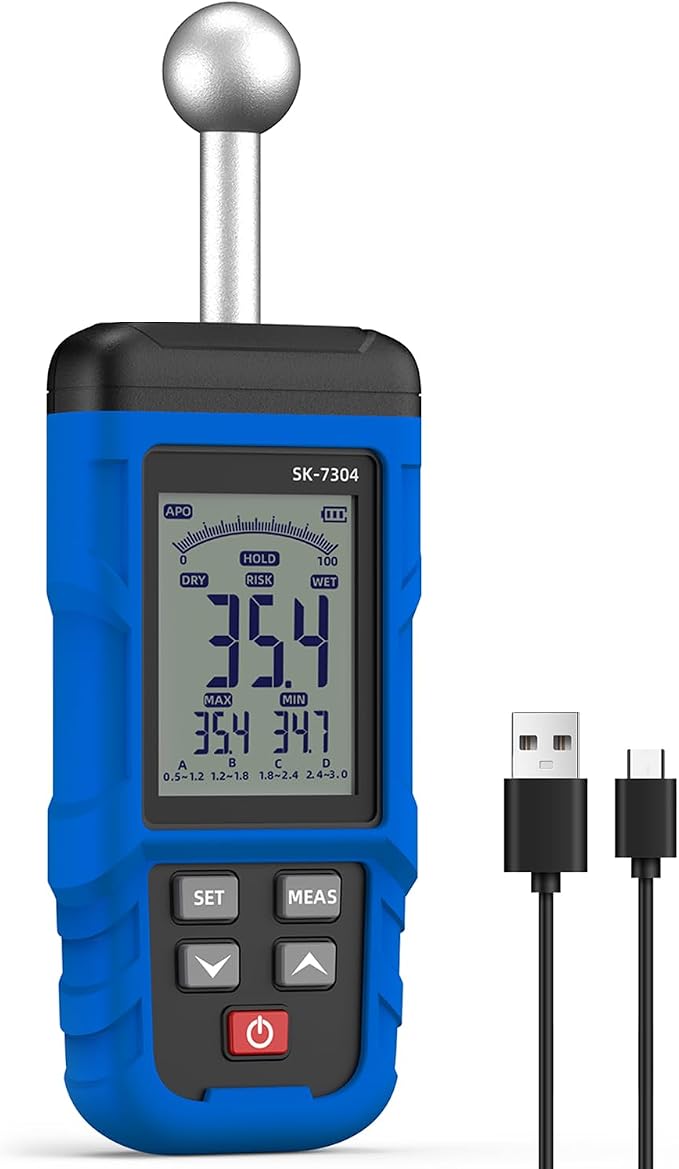 Moisture Meter, Wood Moisture Meter Rechargeable for Drywall Measurement, Pinless Moisture Meter with 20-100mm Measuring Depth for Detecting Humidity Level in Walls, Lumber, Masonry (Blue)