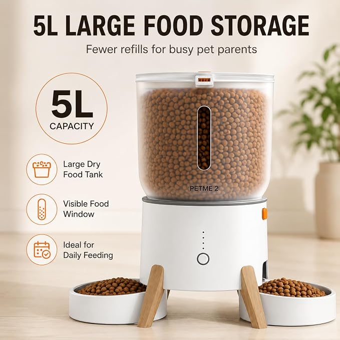Automatic Cat Feeder 2-in-1 Dual Cat Food Dispenser, Cat Feeder Automatic & Timed Automatic Pet Feeder, Smart App Control with Voice Recording, 5L Large Capacity, for 2 Cats & Small Dogs