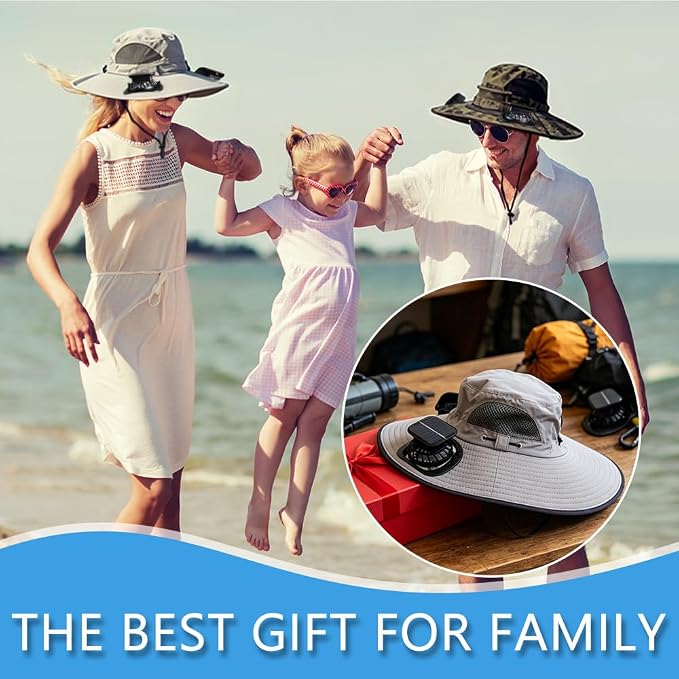 Solar Fan Hat Rechargeable 2Detachable Solar Fans,Water-Repellent Wide Brim Bucket Hat, Outdoor Camping Hiking Golf Sun Hat