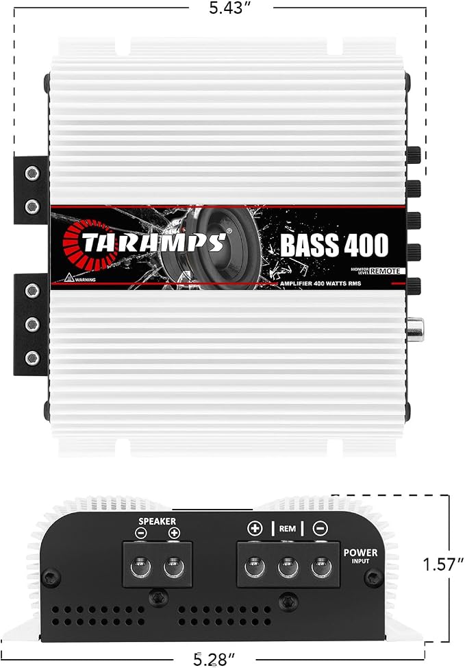 Taramps Bass 400 2 Ohms Monoblock Amplifier 400 Watts Rms 1 Channel 14.4VDC Out Power Full Range, Great for Sub/Bass - Rca/High Level Input, Car Audio