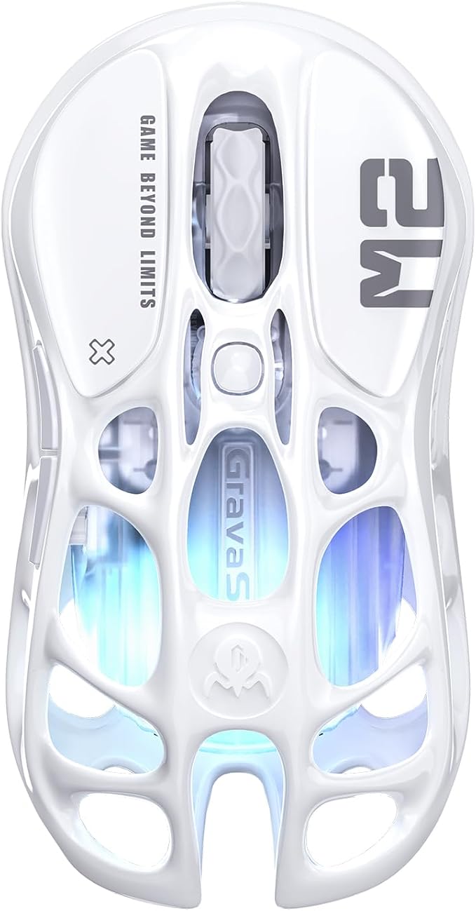 GravaStar Mercury M2 Wireless Gaming Mouse with 26,000 DPI, PAW3395DM Sensor -79g Lightweight Hollowed-Out Design -5 Programmable Buttons -5 Dynamic Lightsync RGB (White)
