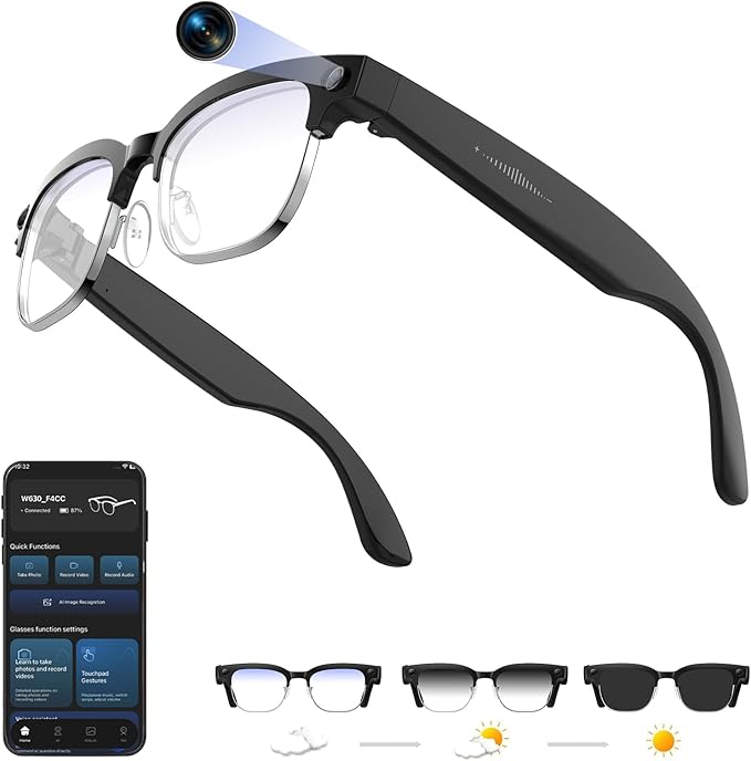 AI Smart Glasses with Camera, 8MPW Anti-Shake Bluetooth Camera Glasses, 1080P Video Recording Dual Mic Noise Reduction, Real Time Translation&Simultaneous Interpretation, 290mAh Capacity(W630)