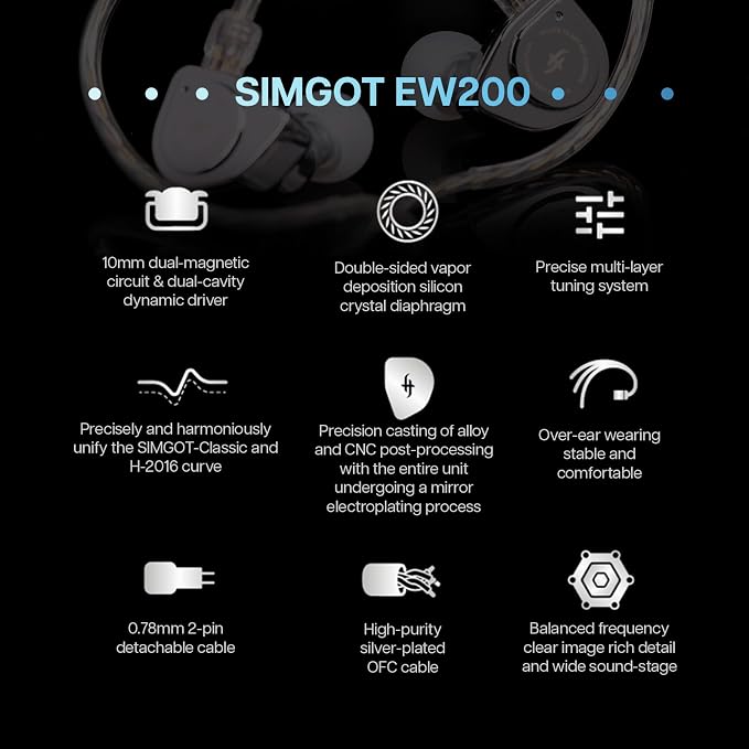 Linsoul SIMGOT EW200 10mm SCP Diaphragm Dynamic Driver in-Ear Earphones with All Metal Body, Detachable 0.78mm 2pin Silver-Plated OFC Cable for Audiophiles Musicians (EW200 Without Mic)