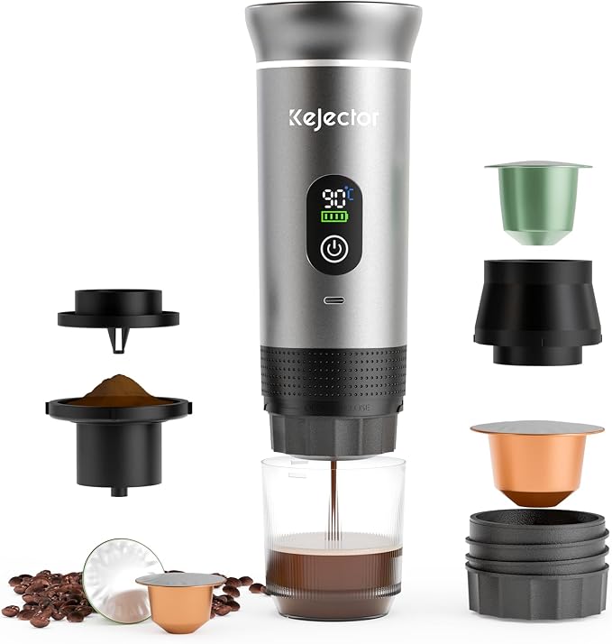kejector Portable Coffee Maker Espresso Machine for Travel Nano Car Coffee Maker Compatible with Ground Coffee & Capsule for RV, Hiking Camping Office, Travel Espresso Maker Electric Coffee Machine