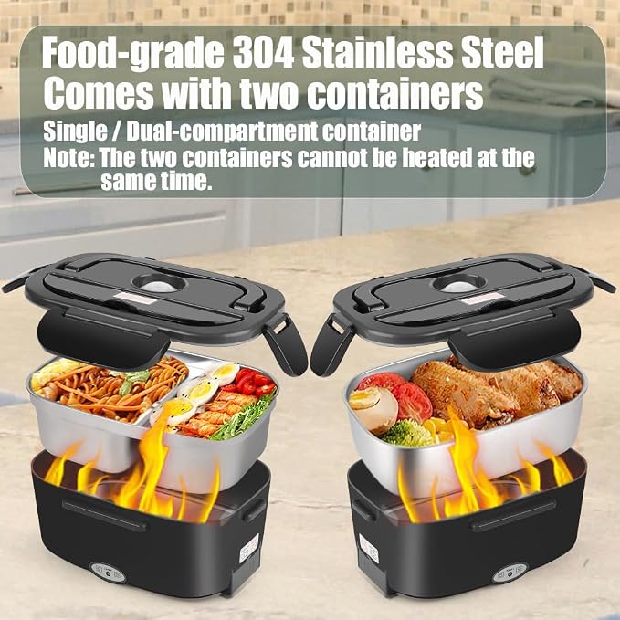Electric Lunch Box for Adults - 1.5L Single/Double Layer Stainless Steel Food Warmer - 80W Fast PTC Heated Lunchbox, 12V/24V/110V Portable Food Heater for Car&Truck, Office, Camping, Travel(Black)