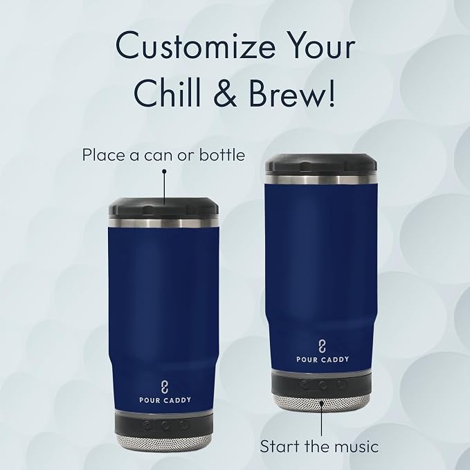 Vibe 4 In 1 Bluetooth Speaker Cup, Insulated Can and Bottle Holder for Hot or Cold Drinks, Double Wall Stainless Steel Drinkware, Fits 12 oz Cans or 14 oz Liquid, Navy Blue