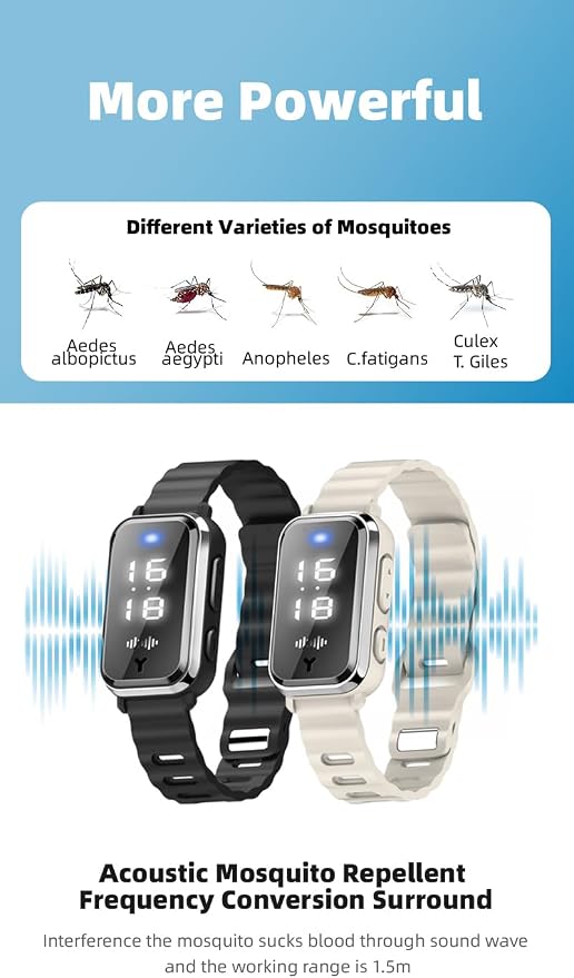 Ultrasonic Mosquito Repellent Bracelets Watch Adjustable Silicone Wristbands Outdoor Bracelets for Kids & Adults Non-Toxic Natural (2Pack M16 Beige Watch)
