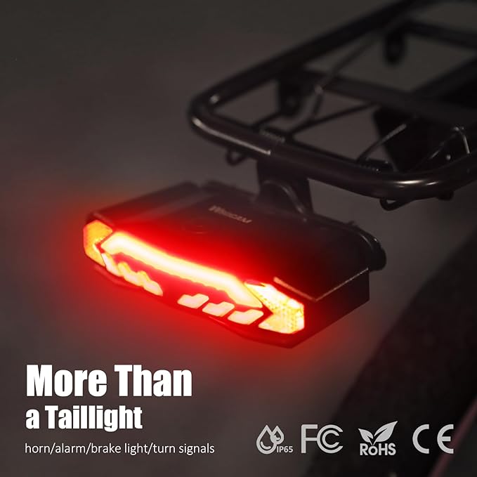 WSDCAM Smart Bike Tail Light for Cargo Rack with Turn Signals and Brake Light, Auto On/Off USB Rechargeable Wireless Remote Bike Horn Alarm Rear Bike Light Reflector Bicycle Tail Light with Rack Mount