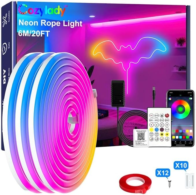 Cozylady 6M RGB Neon Light LED Rope Light,20ft Waterproof Bluetooth APP Remote Control Music Sync Strip Light,24V Flexible DIY Silicone Light for Bedroom Home Indoor Outdoor Decoration (6M/20Ft)