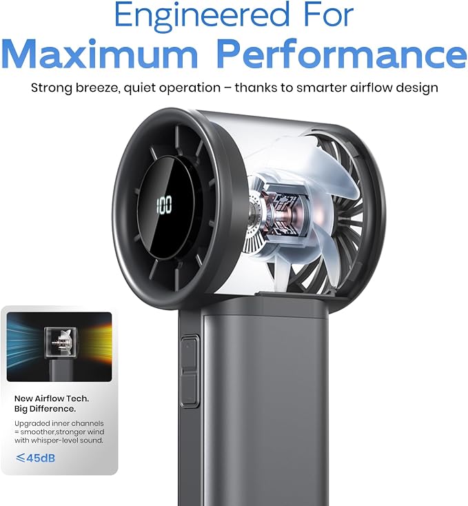 Portable Handheld Turbo Fan, 100 Speeds Adjustable Mini Personal Fan, 4500mAh USB-C Rechargeable Battery Operated, Digital Display, Ultra-Quiet & Durable for Travel, Office, Gym, Outdoor Black