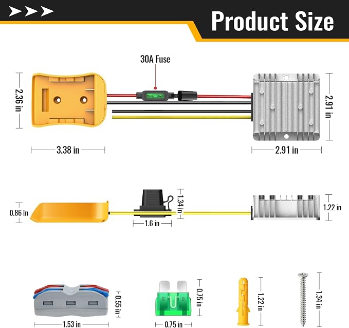 Kzreect 20V to 12V Step-Down Converter Compatible with Dewalt 20V Battery, DC 12V 20A 240W Voltage Regulator for Golf Cart RC Car LED Lights DIY Toys
