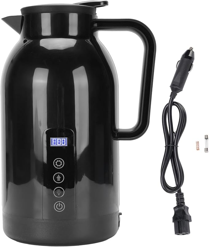 Car Kettle, 1300ml Stainless Steel Leak Proof Travel Electric Hot Water Boiler with LCD Display for Drivers Business Travelers, 12V 24V
