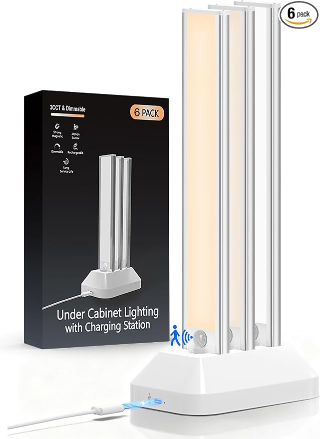 12in Under Cabinet Lighting with Charging Station, 2500mAh Rechargeable Wireless Motion Sensor Lights Indoor,Closet Lights with 3 Color Tempers, Battery Operated Cabinet Lights for Kitchen, 6-Pack
