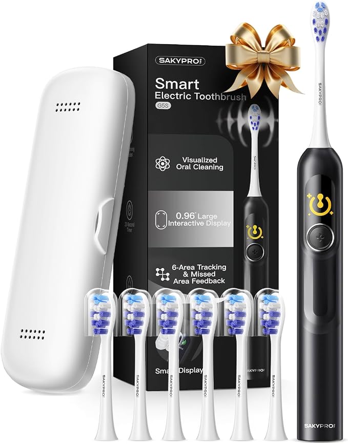 SAKYPRORAL AI Electric Toothbrush w/ 6 Brush Heads, Smart Sonic Toothbrush for Adults Kids Teens, 150-Day Rechargeable Battery, Whitening Real-Time Brushing Map, Travel Case (G5S) (Black-6p)