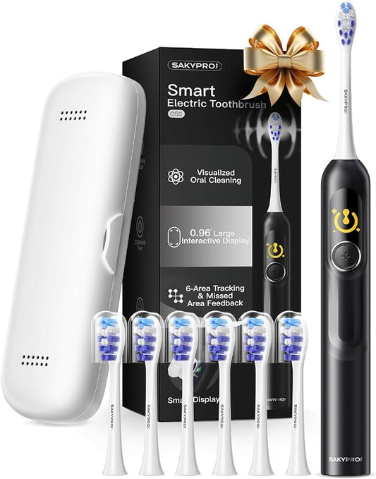 SAKYPRORAL AI Electric Toothbrush w/ 6 Brush Heads, Smart Sonic Toothbrush for Adults Kids Teens, 150-Day Rechargeable Battery, Whitening Real-Time Brushing Map, Travel Case (G5S) (Black-6p)