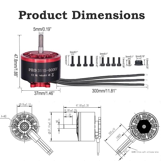 Pro 3115-900kv Drone Brushless Motor 4-8s LiPo Kit Spare Part for 8,9,10,13inch Long Range FPV Freestyle Drones,FPV RC Quadcopter Drone Motor,1800W,4819g Thrust