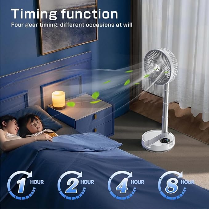 Foldable Oscillating Pedestal Fan with Remote, 8" USB C Rechargeable 20000mah Battery Fan with LED Colorful Lights, Portable Floor Standing Fan Camping Fan for Bedroom Office Travel White