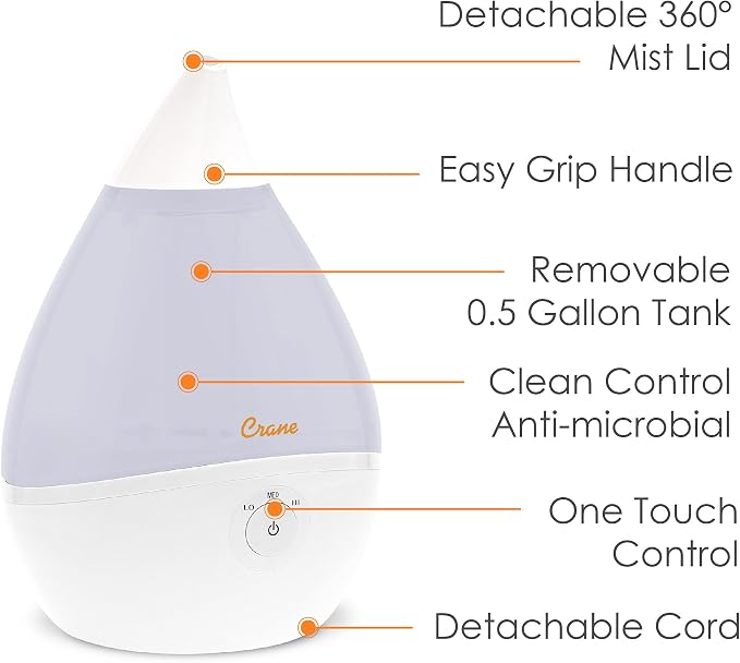 Crane Droplet Ultrasonic Small Air Humidifiers for Bedroom and Office, 0.5 Gallon Cool Mist Humidifier for Plants and Home, Humidifier Filters Optional, White