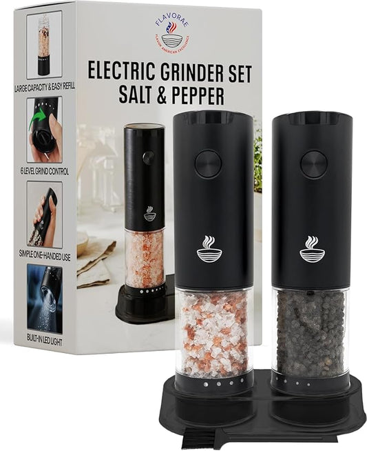 Electric Salt and Pepper Grinder Set - Black 2 Pack Battery Operated Mills with 95ml Large Capacity, Adjustable Coarseness, Built-in LED Light, Automatic Salt & Pepper Shakers for Kitchen