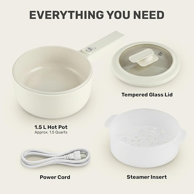 CERAMAX PRO Electric Hot Pot with Lid & Steamer, 1.5L Non Toxic Ceramic Cooker Skillet for Ramen, Eggs, Pasta for Dorms, Camping, RVs, Work, Adjustable Temp. - New Improved 2026 Model