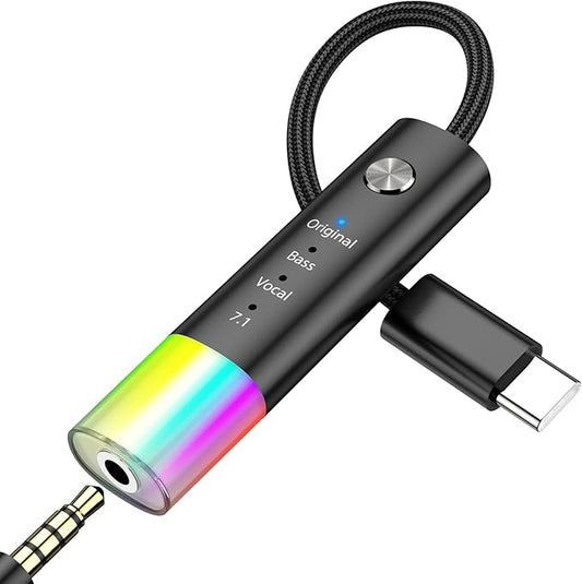 3.5mm Jack Audio Adapter, USB C Headphone Adapter, Neon Light, Multiple Mode, HiFi Bass, Clear Vocal, Surrounded Sound, for iPhone 17 16 Pro Max 15 Plus 16e/Galaxy S26 Ultra S25/Pixel 10a 9a