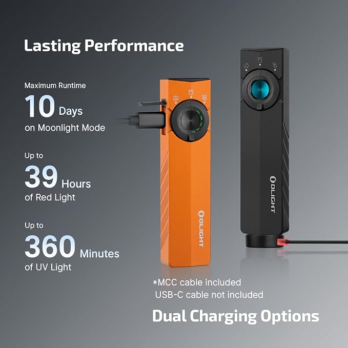 OLIGHT ArkPro Lite Flat Pocket Flashlight, Rechargeable Portable 1200 Lumens with White LED, Red Light, and UV Light, Triple Sources for Pet Urine Detection, Camping, Emergency, Working (Orange)