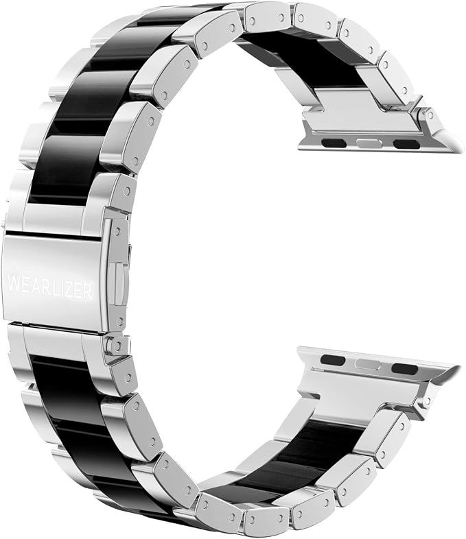 Wearlizer Compatible with Apple Watch Bands 42/44/45/46/49mm Men Womens Replacement Strap Silver Stainless Steel & Black Resin Wristband Fashion iWatch Series 11 10 9 8 7 6 5 4 3 SE/Ultra 3 2 1