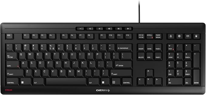 Cherry Stream Keyboard, Wired Keyboard for PC/Laptop, Whisper Quiet Silent Keys, Unique Typing Feel, Slim Design, SX Scissor Switches, USB-A, QWERTY, Black