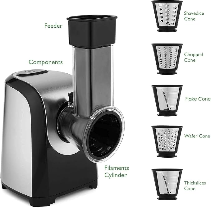 Electric Cheese Grater, Professional Electric Slicer Shredder, 150W Cheese Grater/Chopper Salad Maker, Shredder for Home Kitchen Use with One-Touch Control | 5 Free Attachments