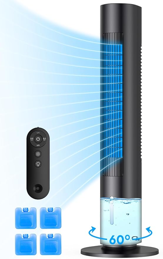 Windowless Portable Air Conditioners, 35" Swamp Cooler w/4 Ice Packs, 3 Speeds, 25ft Remote & 7H Timer, 90°Oscillating Evaporative Cooler, Ventless Air Conditioner AC Unit for Bedroom Black